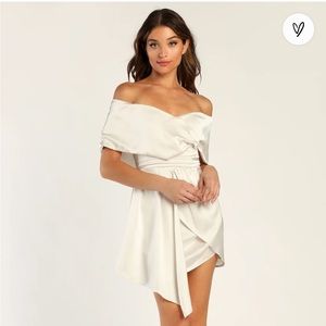 Lulus Always Celebrating Ivory Satin Off-the-Shoulder Mini Dress